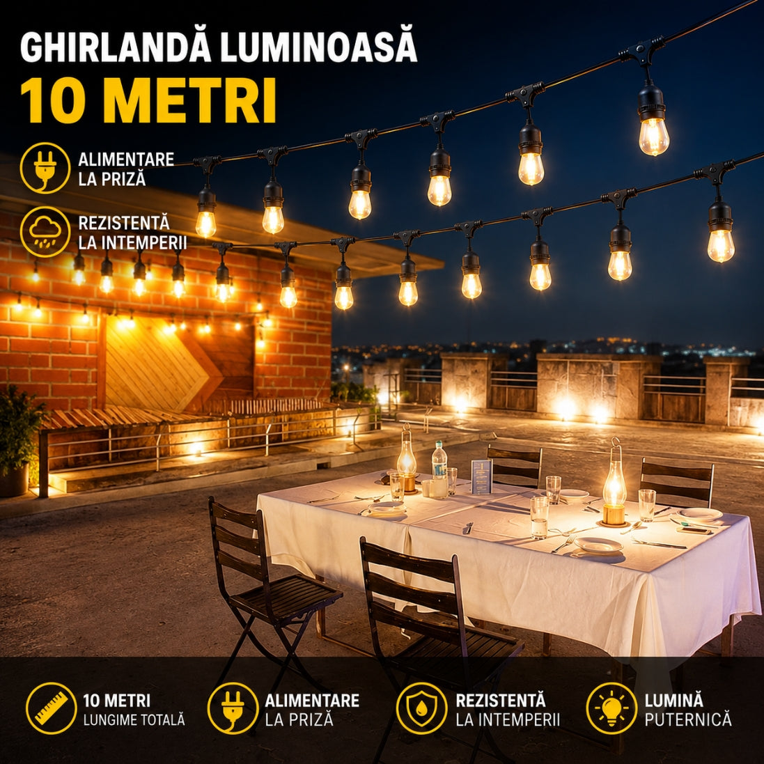 Ghirlandă Luminoasă 10 Metri – Alimentare la Priză, Rezistentă la Intemperii