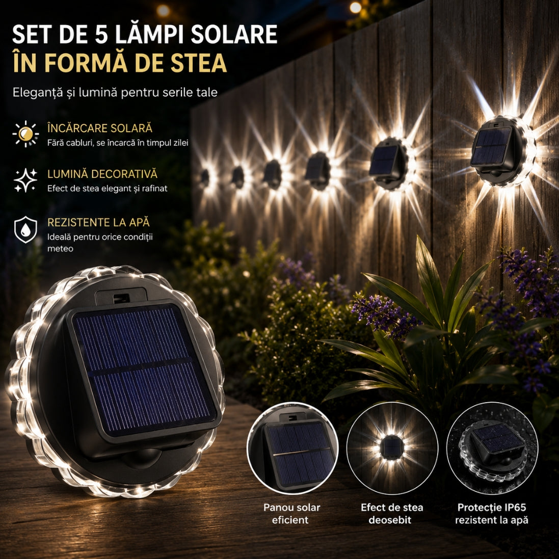 Set 5 Lămpi Solare Tip Stea – Iluminare Decorativă LED pentru Grădină și Gard