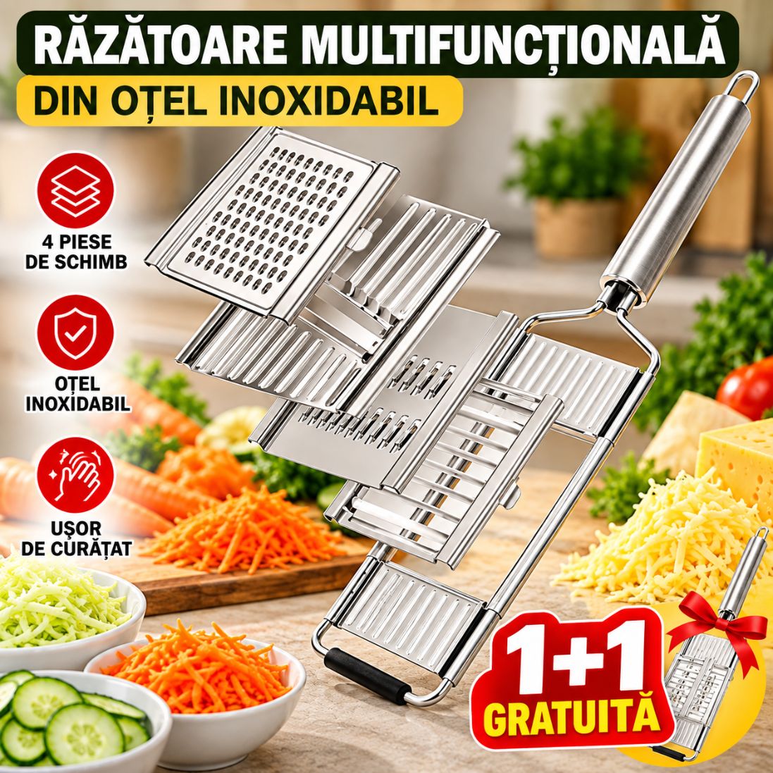 Răzătoare Multifuncțională din Oțel Inoxidabil – 4 Piese de Schimb – 1+1 GRATUITĂ
