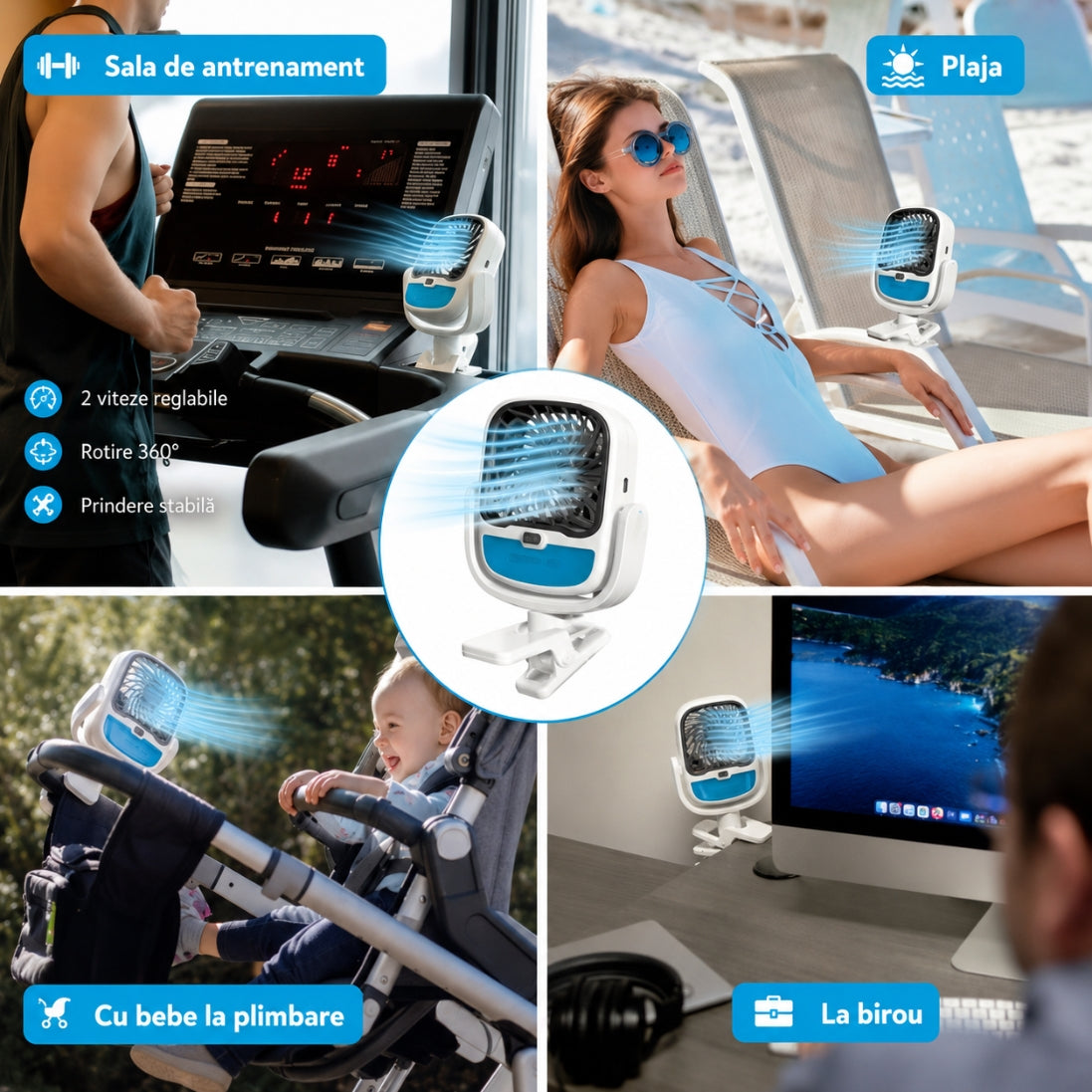 Ventilator Portabil cu Apă și Abur – 3 Viteze, Rotire 360° și Clemă de Prindere