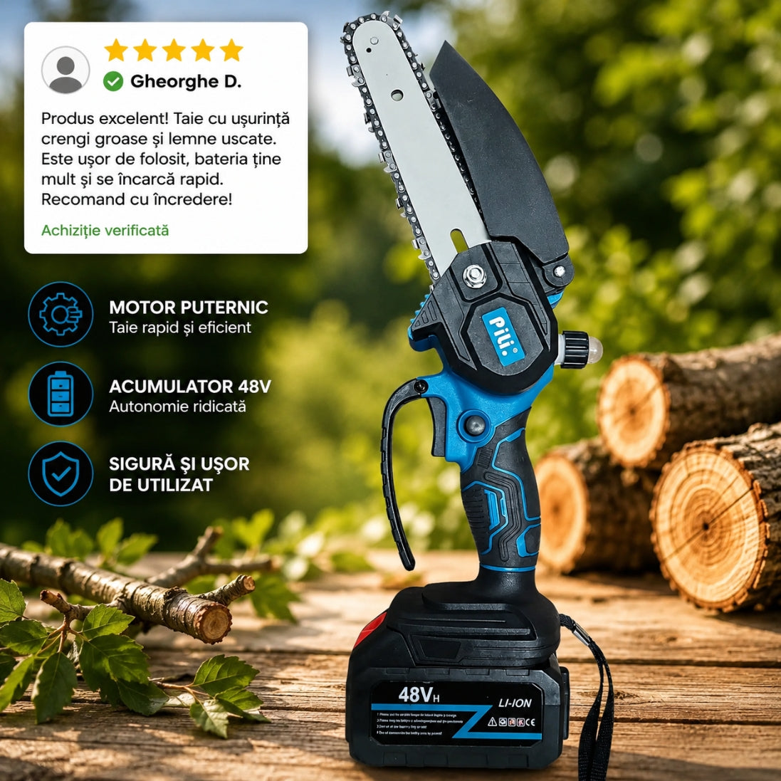 Mini Drujbă Electrică 48V cu UNGERE automata – Puternică, Compactă și Ușor de Folosit în Grădină