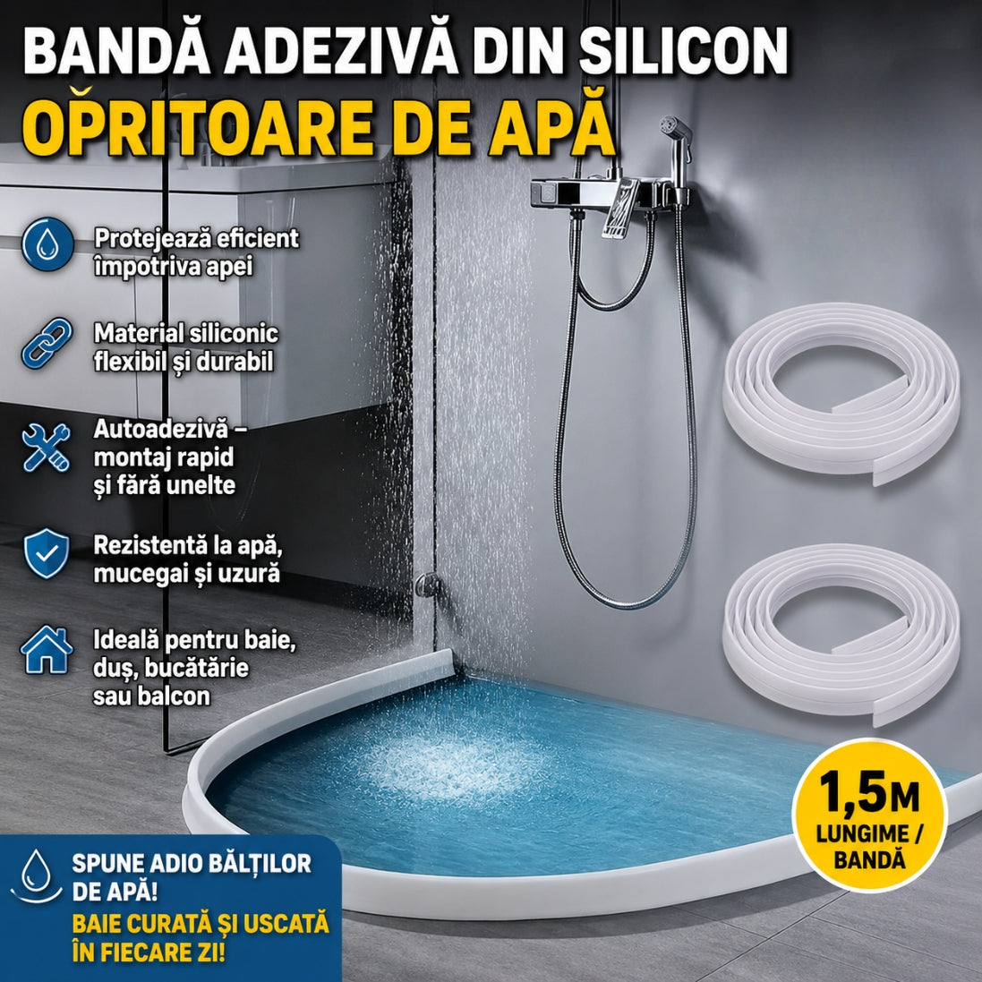 Bandă din Silicon Opritoare de Apa 1,5 m – Ideală pentru Duș, Chiuvetă și Balcon