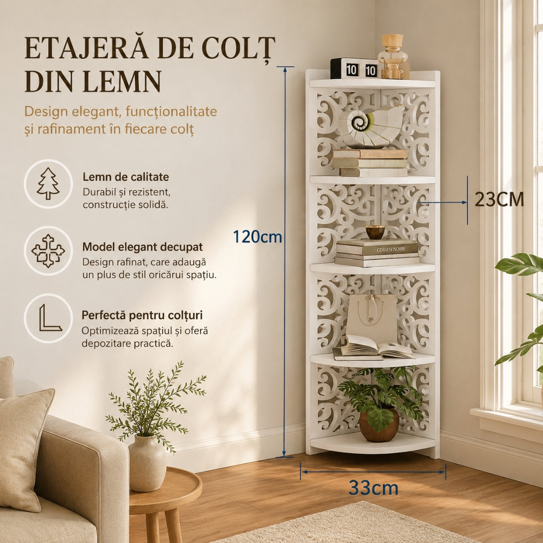 Etajeră de Colț din Lemn – Eleganță și Organizare pentru Orice Încăpere