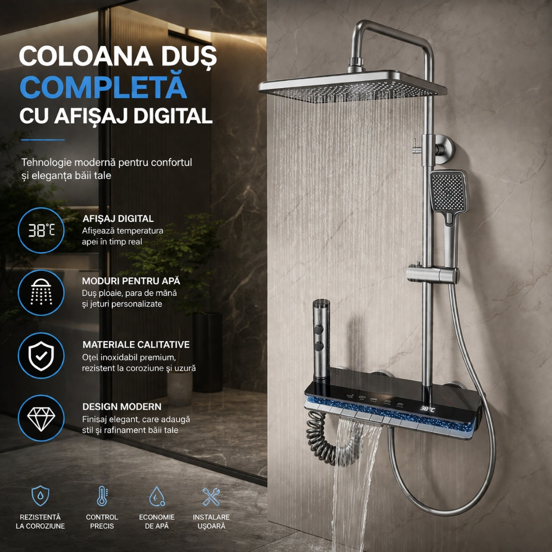 Set Duș Modern Digital cu Iluminare LED și Afișaj al Temperaturii – Design Modern, Confort Maxim