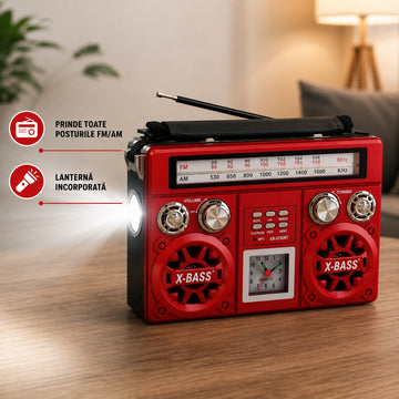 Radio Portabil cu Ceas, USB, MicroSD și Lanternă – FM / AM / SW, Baterie Reîncărcabilă