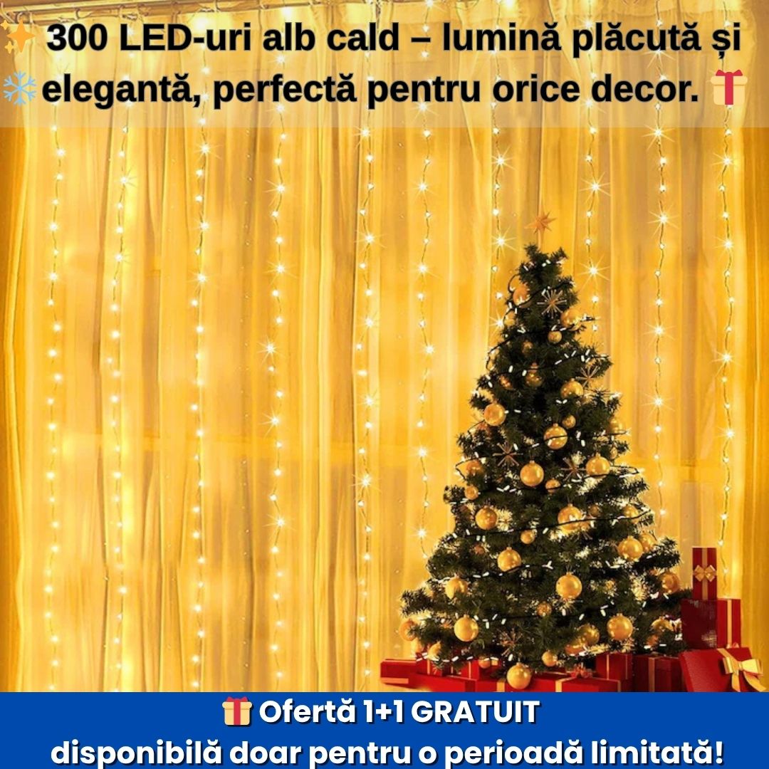 Instalație Tip Perdea LED 3x3m Alb Cald – Telecomandă, 300 LED-uri