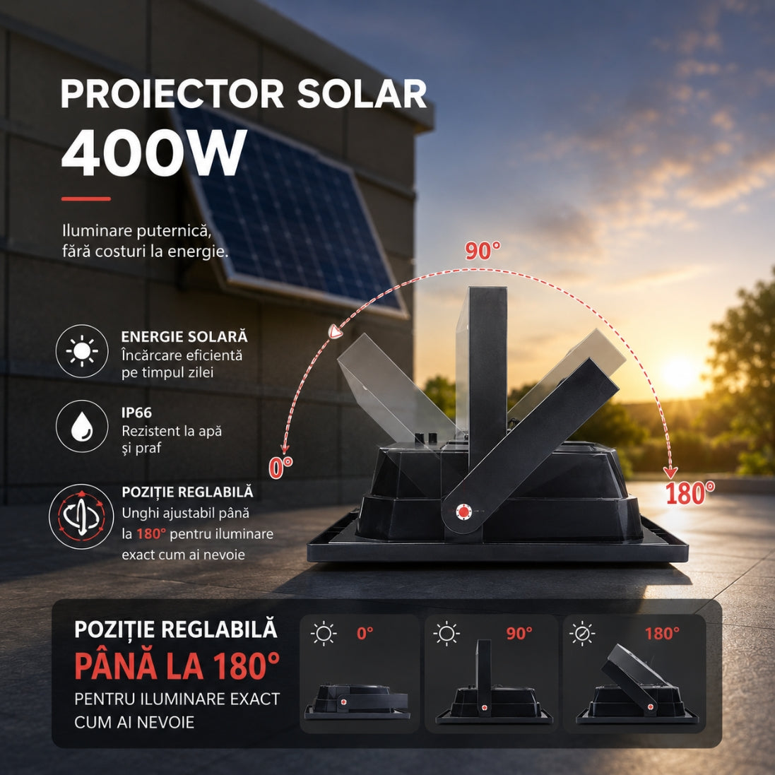 Proiector Solar LED 400W cu Senzor de Mișcare – IP66, Lumină Alb Rece 6500K
