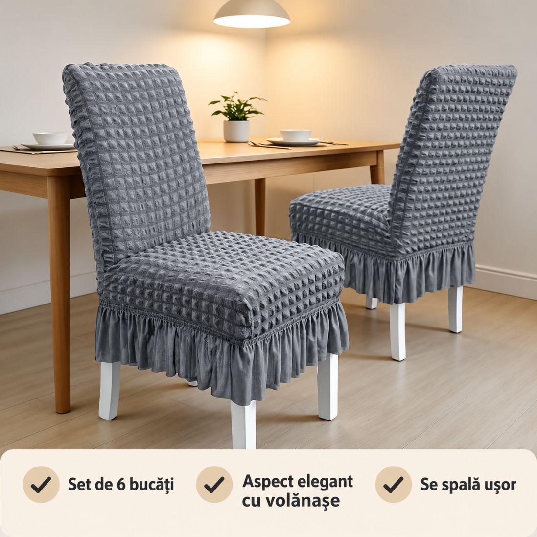 Set 6 Huse pentru Scaune cu Volănașe – Material Elastic, Ușor de Spălat