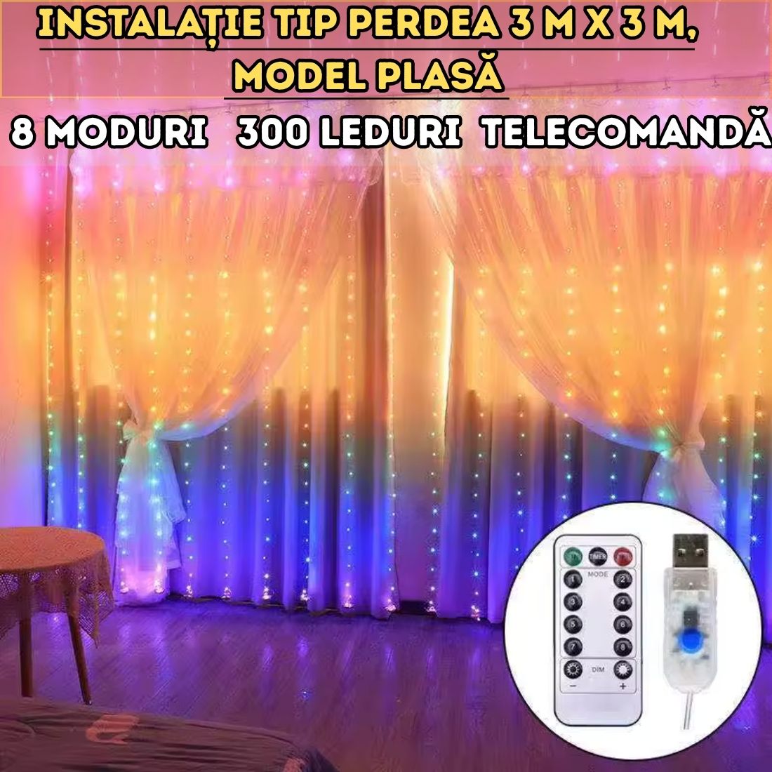 Instalație tip perdea LED 3m x 3m - MULTICOLORA, 300 LED-uri, telecomandă, 8 moduri