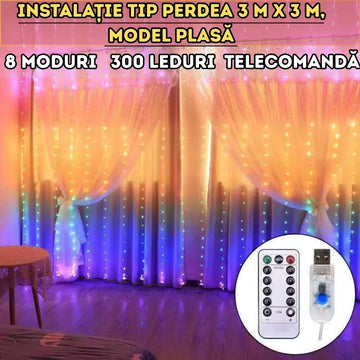 Instalație tip perdea LED 3m x 3m - MULTICOLORA, 300 LED-uri, telecomandă, 8 moduri