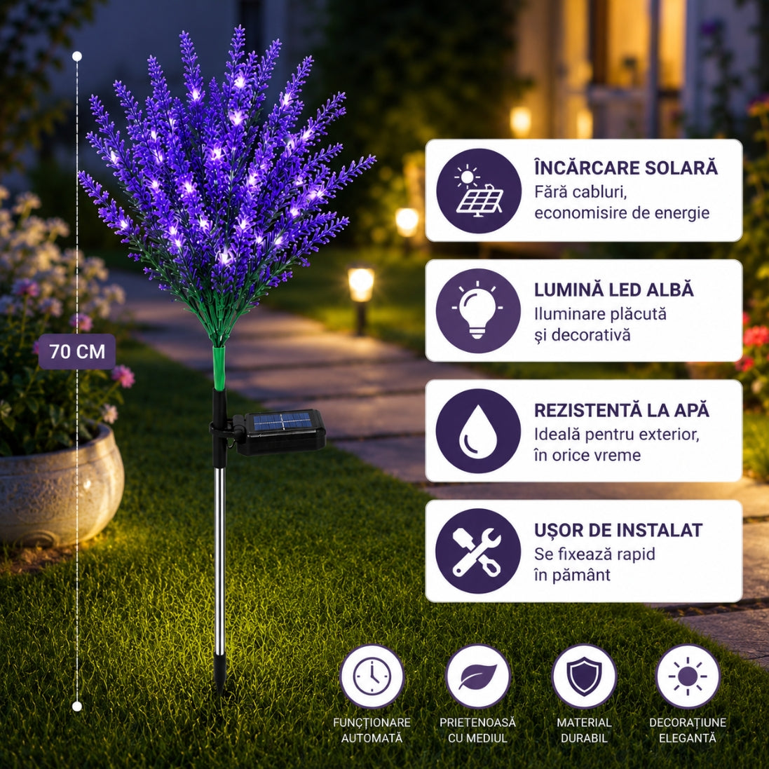 Flori Lavanda Solare LED pentru Grădină – Aspect Natural și Iluminare Automată