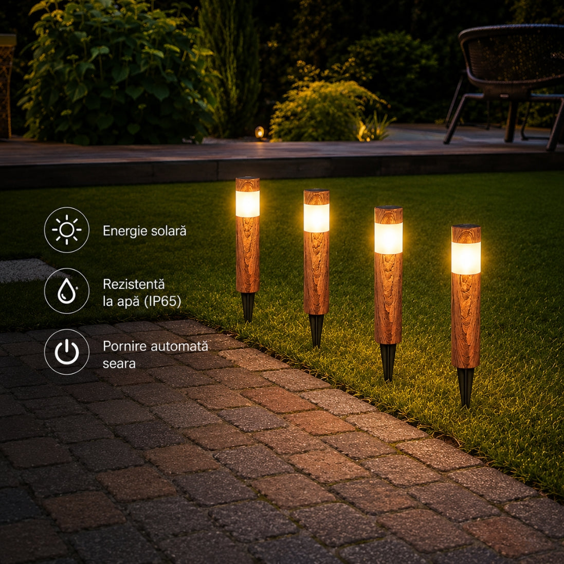 Set 4 Lămpi Solare LED Tip Lemn 38CM – Iluminare Elegantă pentru Curte și Grădină!
