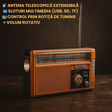 Radio cu aspect vintage - Incarcare solara, lanterna led , card SD