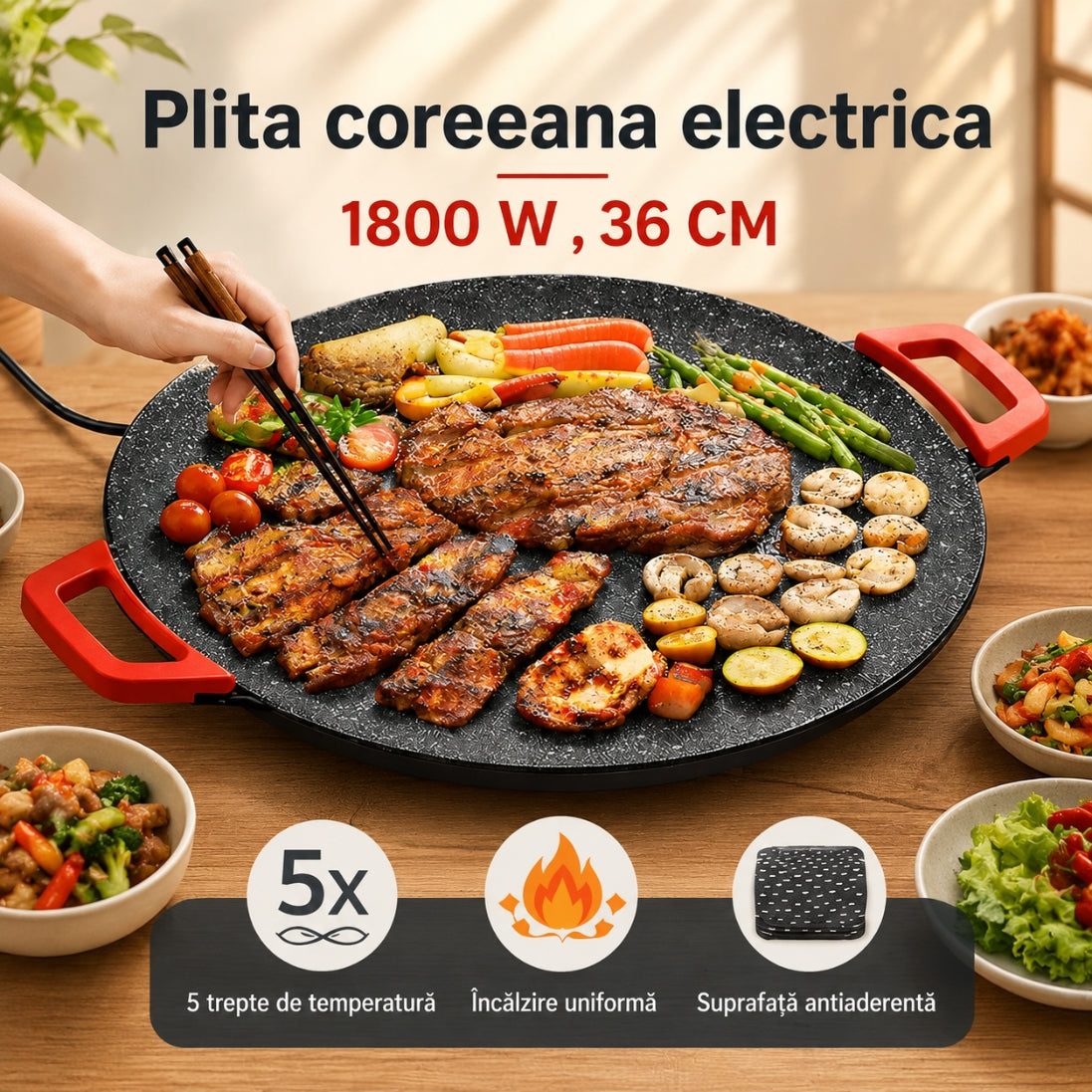 Plită Electrică Coreeană Multifuncțională 1800W, 36 cm – Gătire Rapidă și Uniformă