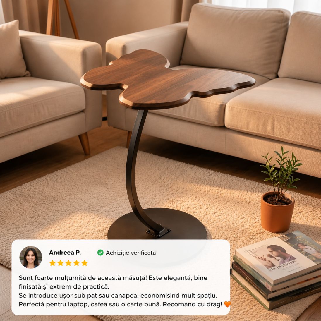Măsuță Laterală Elegantă în Formă de Fluture – Design Modern cu Cadru Metalic