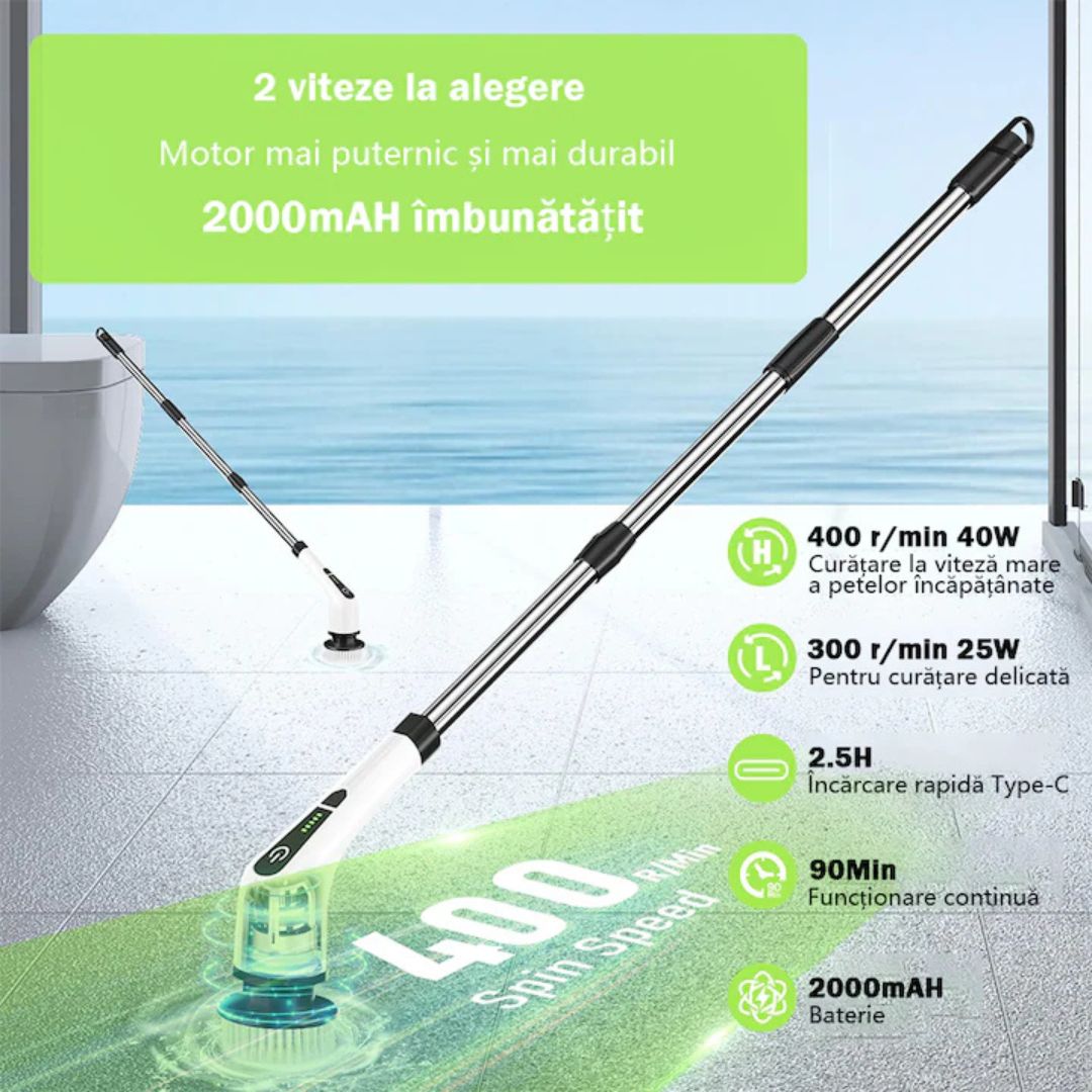 Perie Electrică Rotativă 9 în 1 - 9 capete inlocuibile, 2 viteze reglabile si mâner telescopic