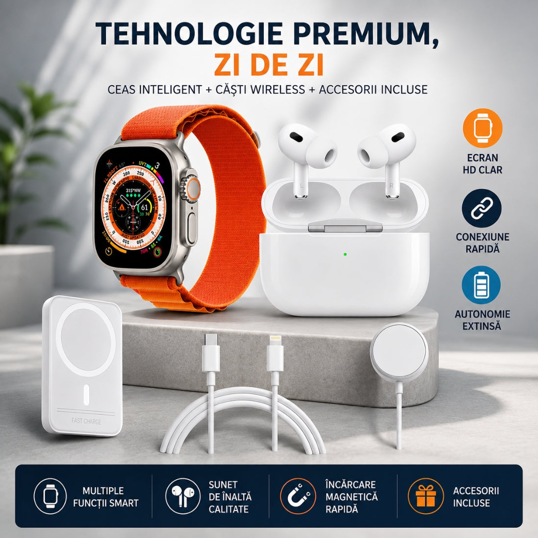Pachet Ceas Inteligent + Căști Wireless – 7 Curele Cadou, Multiple Funcții, Compatibil cu Orice Telefon