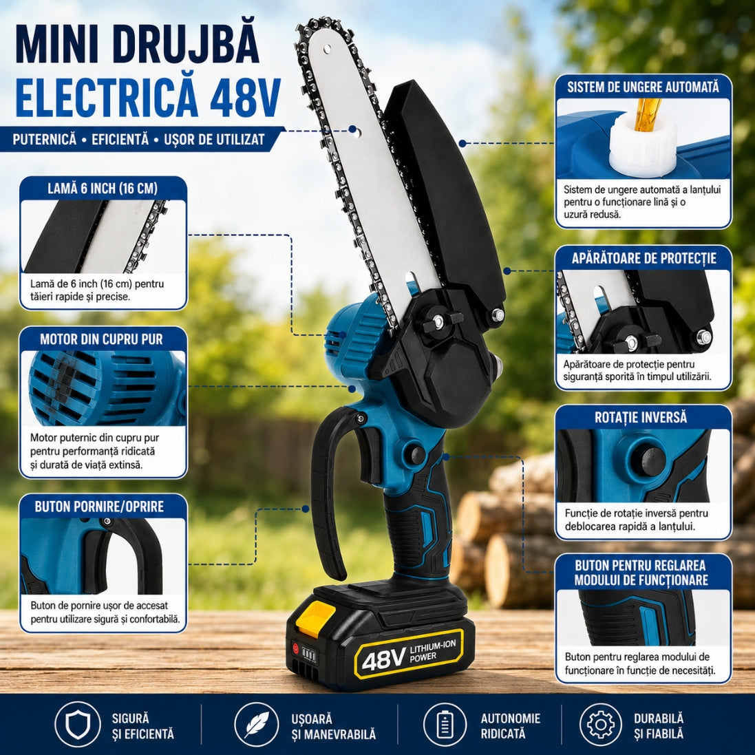 Mini Drujbă Electrică 48V cu UNGERE automata – Puternică, Compactă și Ușor de Folosit în Grădină