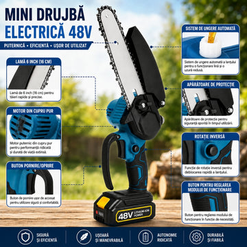 Mini Drujbă Electrică 48V cu UNGERE automata – Puternică, Compactă și Ușor de Folosit în Grădină