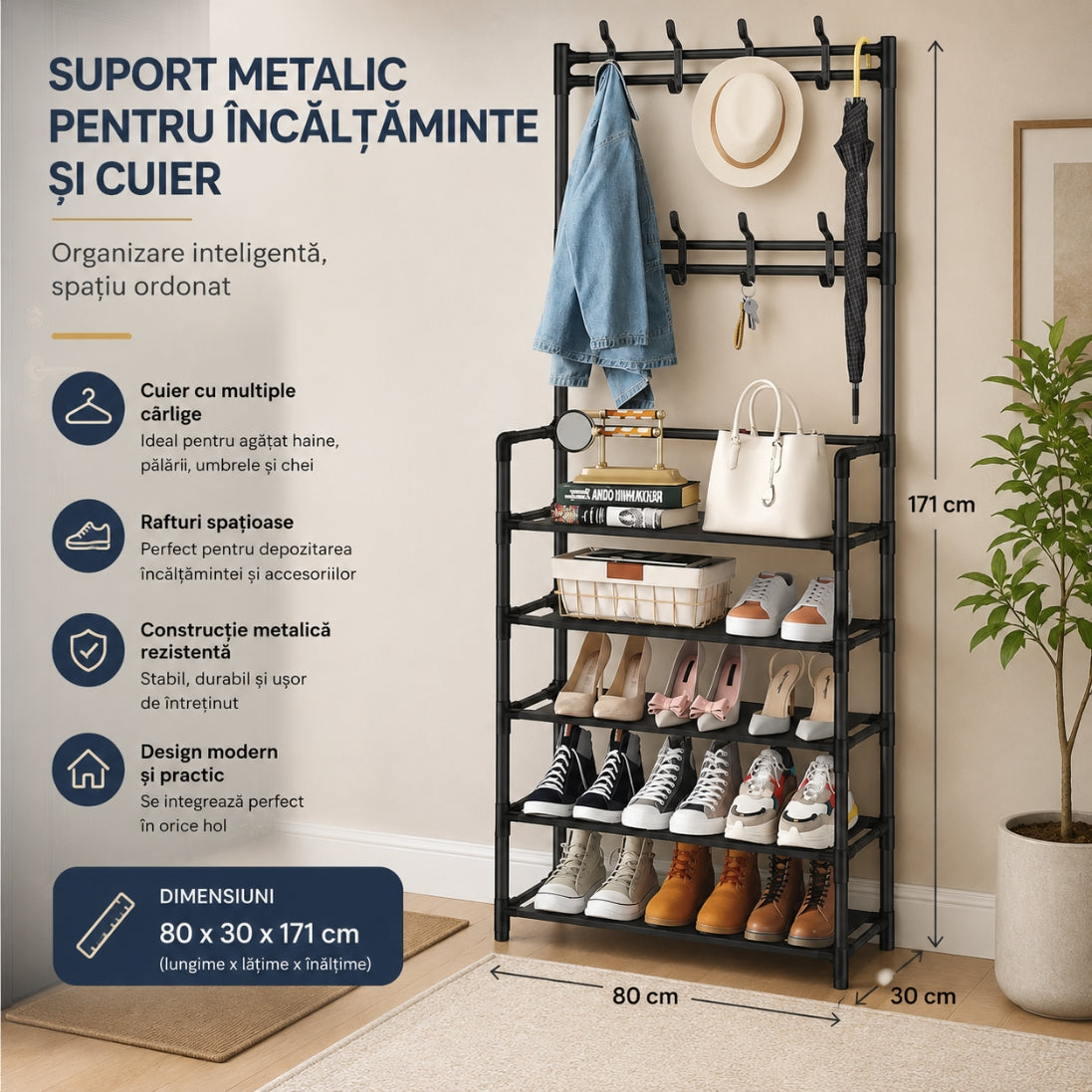 Suport Metalic pentru Încălțăminte și Cuier – Organizator Multifuncțional pentru Hol