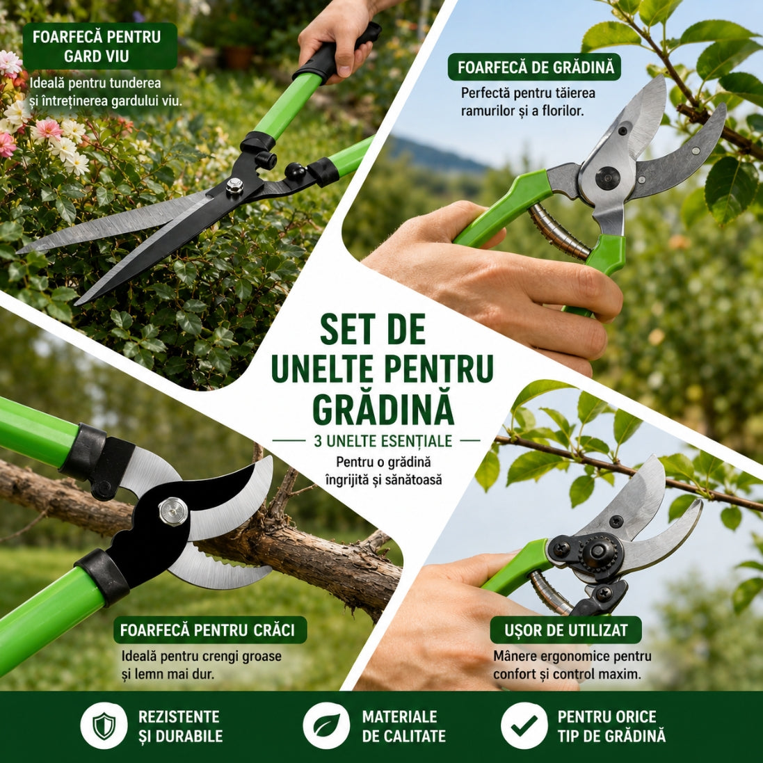 Set Profesional 3 Foarfece pentru Grădină – Tăieri Precise și Fără Efort!