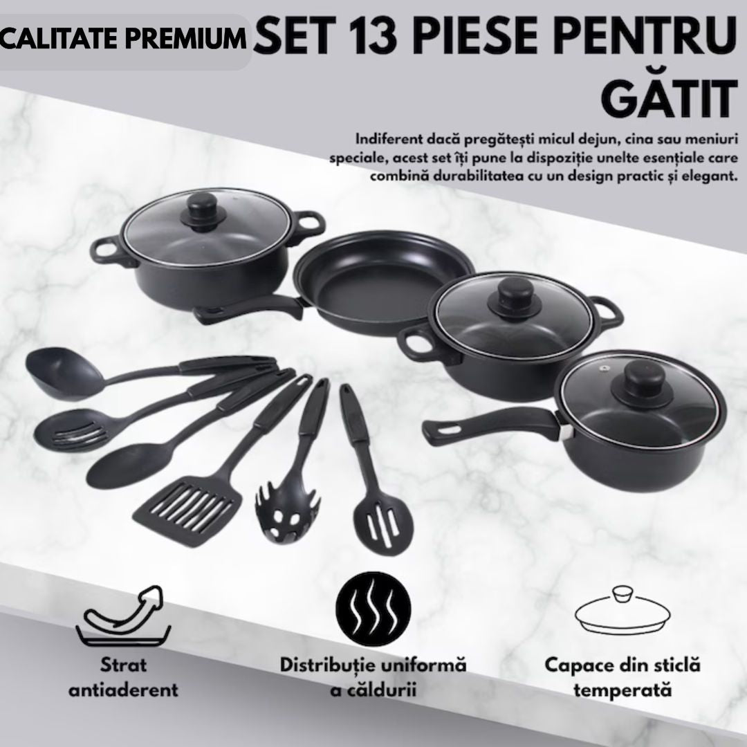 Set 13 Piese Oale și Tigăi Antiaderente cu Accesorii - Eleganță și Performanță în Bucătăria Ta