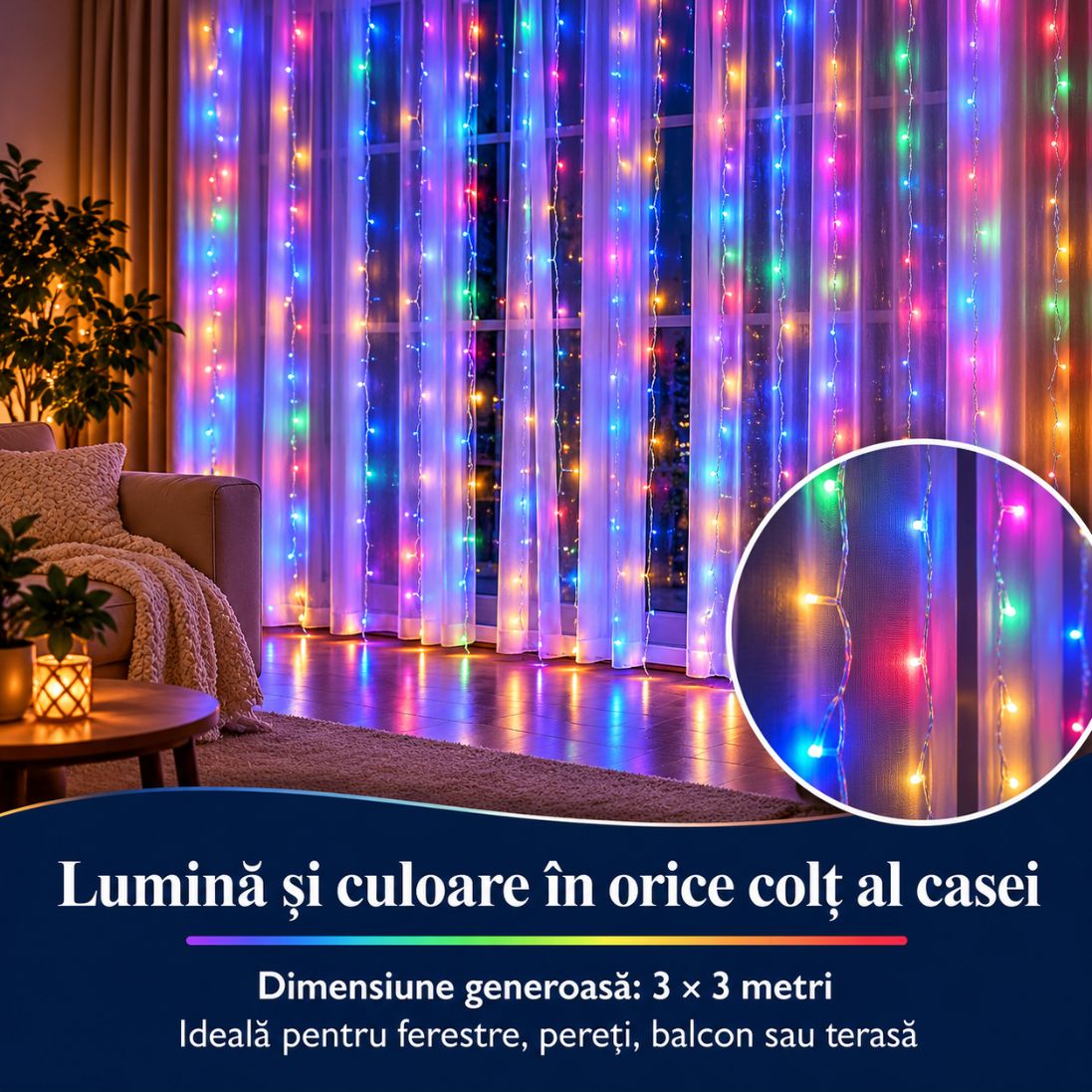 Instalație LED Tip Perdea 3×3 m Multicoloră – 300 LED-uri, Telecomandă