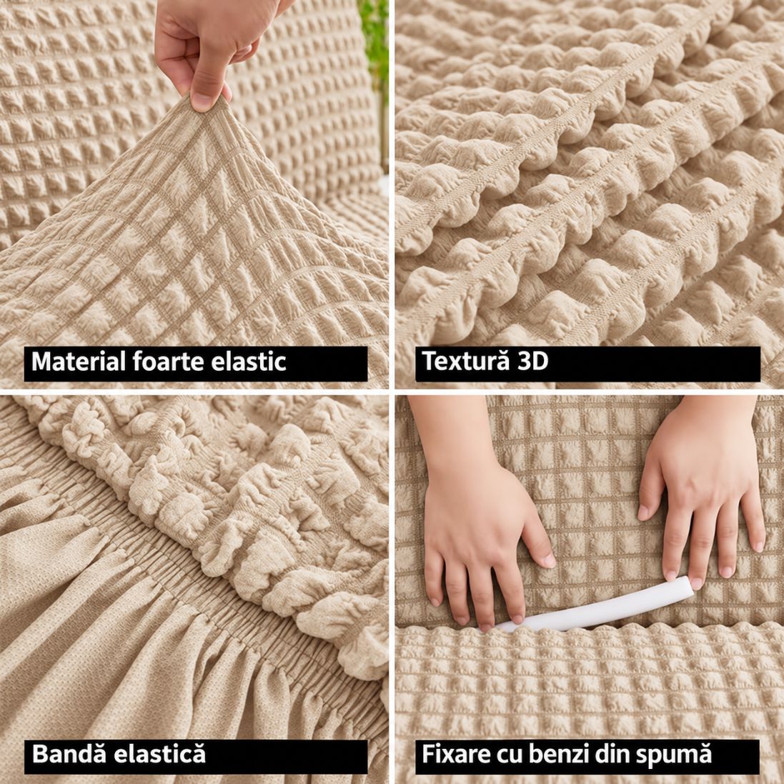 Husă Elastică pentru Canapea 3 Locuri cu Volane – Textură Creponată, Design Elegant