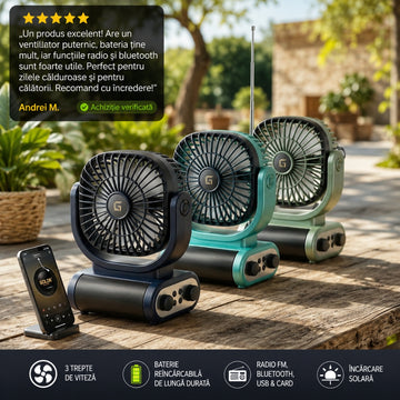 Ventilator Solar Reîncărcabil cu Radio FM, USB și Card TF – Ideal pentru Camping