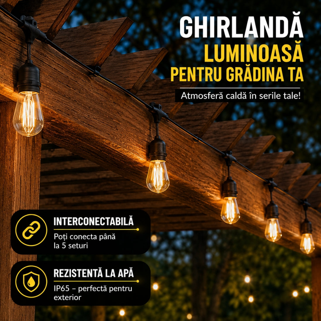 Ghirlandă Luminoasă 10 Metri – Alimentare la Priză, Rezistentă la Intemperii