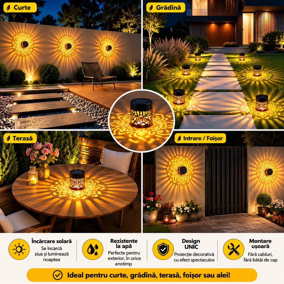 Set 6 Lămpi Solare de Perete – Design Mandala, Lumină Caldă și Decorativă