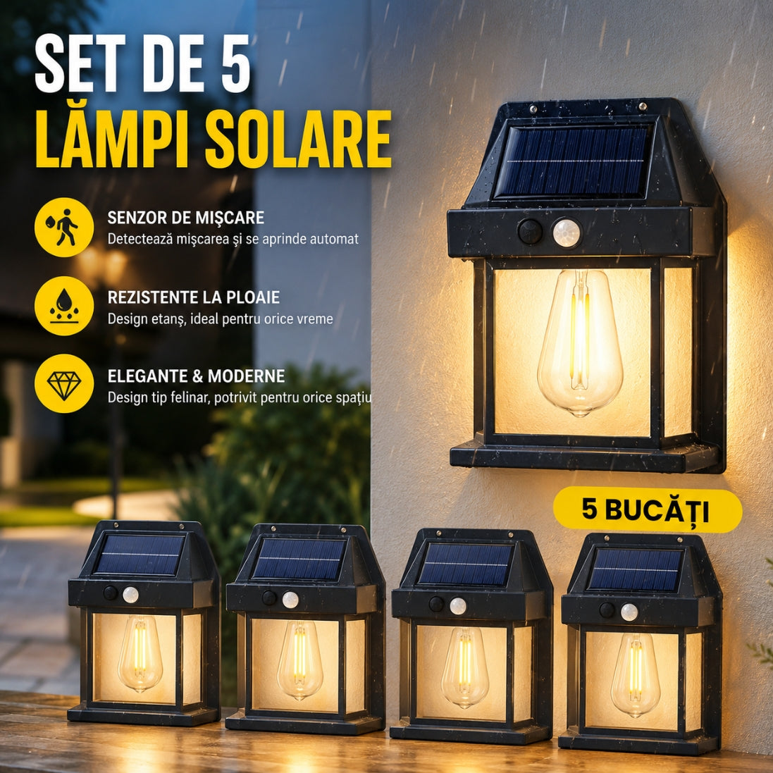 Set 5 Lămpi Solare Tip Felinar cu Senzor de Mișcare – Iluminare LED pentru Exterior