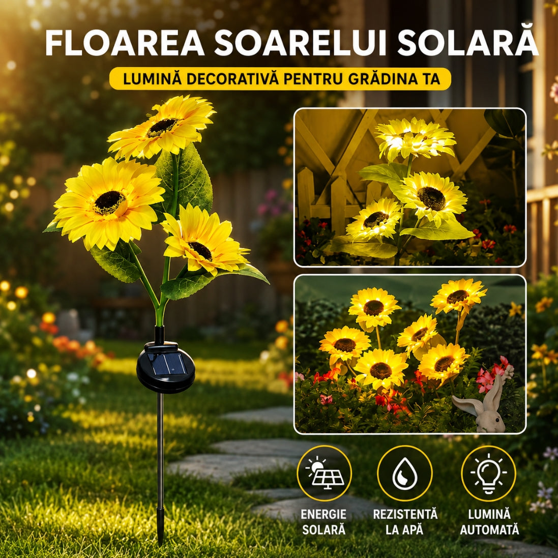 Flori Solare Tip Floarea-Soarelui 70 cm – Iluminare Automată, Rezistente la Ploaie