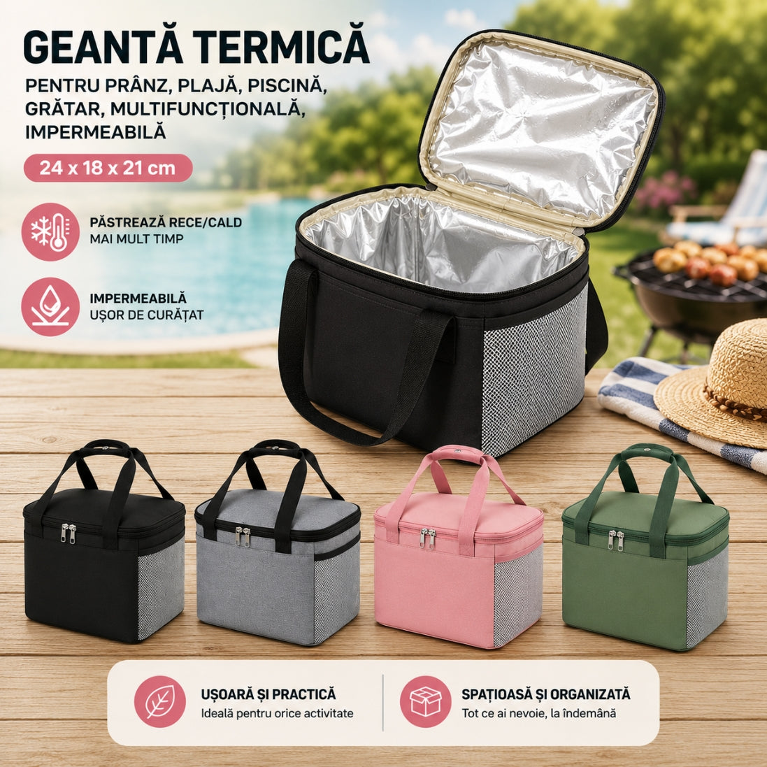 Geantă Termică pentru Prânz, Plajă și Picnic – Impermeabilă, 24 × 18 × 21 cm