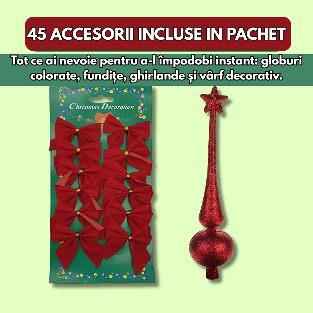 Brad Artificial Crăciun 1.80 m cu 45 Decorațiuni + Instalație LED 10 m – Totul Inclus!