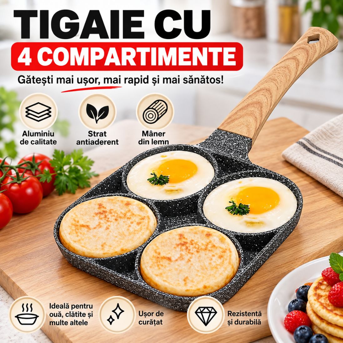 Tigaie cu 4 Compartimente – Aluminiu, Strat Antiaderent și Mâner din Lemn