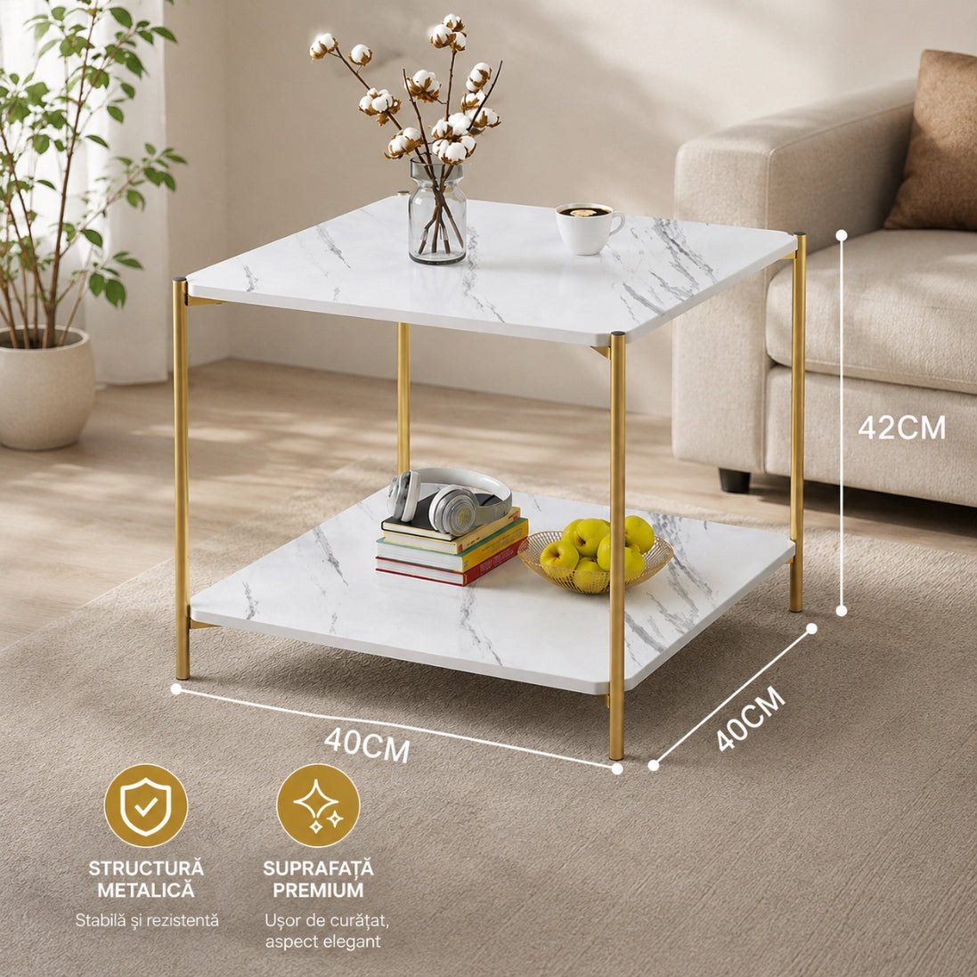 Masă de Cafea Elegantă cu 4 Picioare – Structura Metalica, Design Modern Alb & Auriu cu Raft de Depozitare