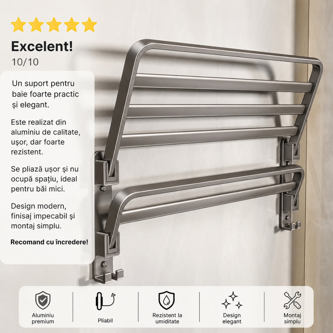 Suport Pliabil pentru Prosoape din Aluminiu Premium – Cu Cârlige și Ventuze