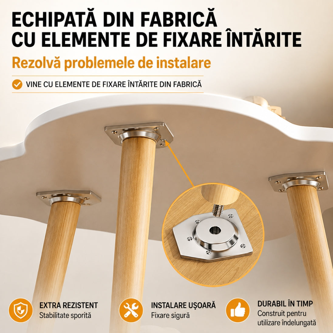 Masa de Cafea in Forma de Floare 50x40x40cm – Blat Alb cu Picioare din Lemn Natural, Design Organic Modern
