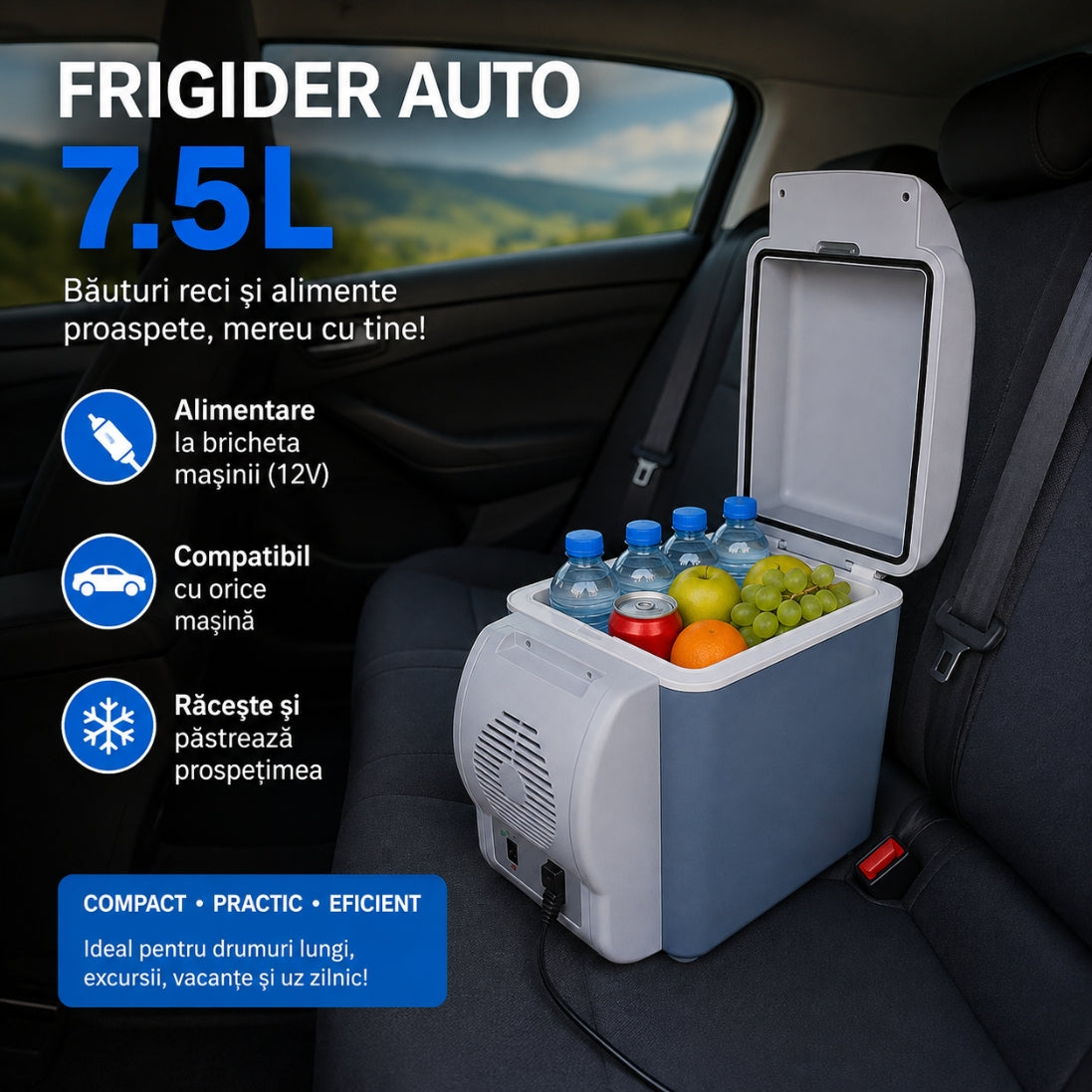 Frigider Auto Portabil 7.5L – Alimentare la Brichetă, Funcție Răcire și Încălzire