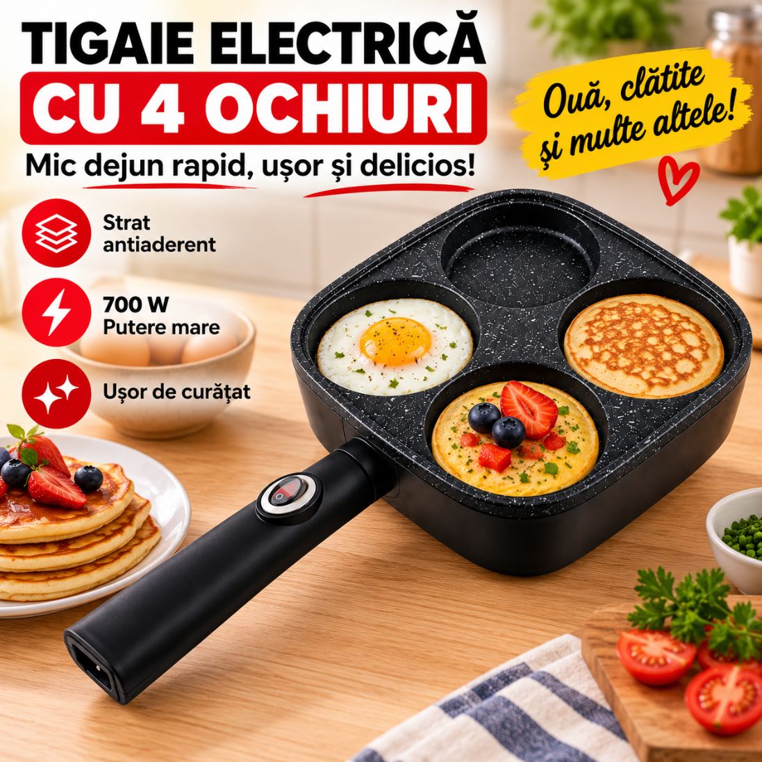 Tigaie Electrică cu 4 Ochiuri – Strat Antiaderent, Mic Dejun Rapid, Putere 700W
