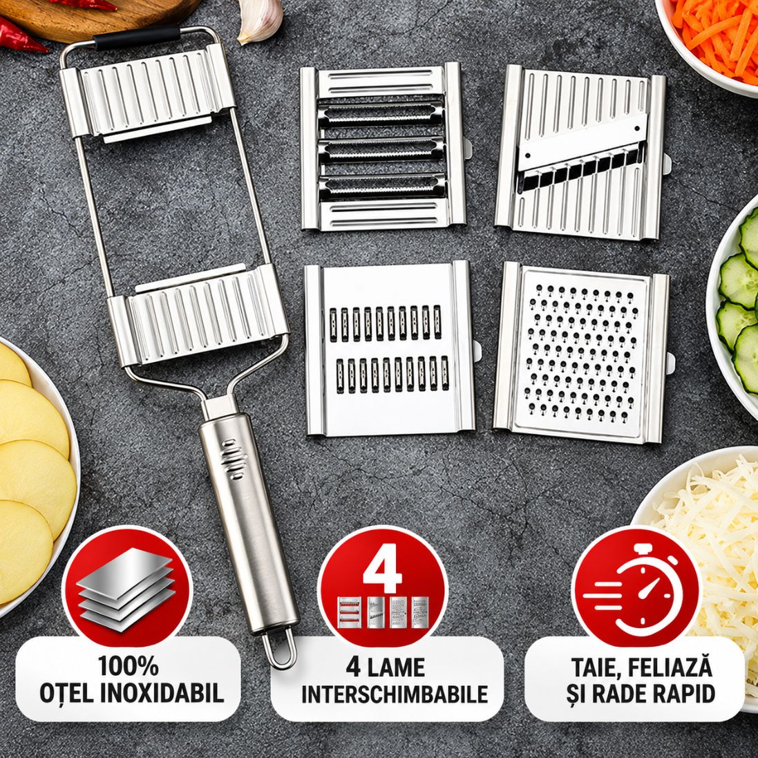 Răzătoare Multifuncțională din Oțel Inoxidabil – 4 Piese de Schimb – 1+1 GRATUITĂ