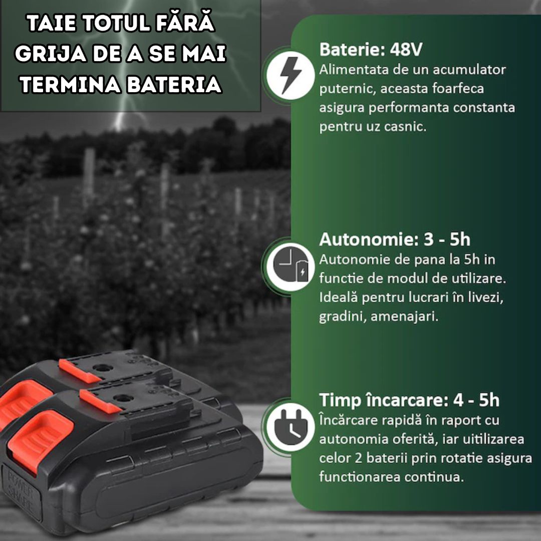 Foarfecă Electrică de Grădină cu 2 Acumulatori de 48V Oțel - Pentru Livezi, Grădini și Vie