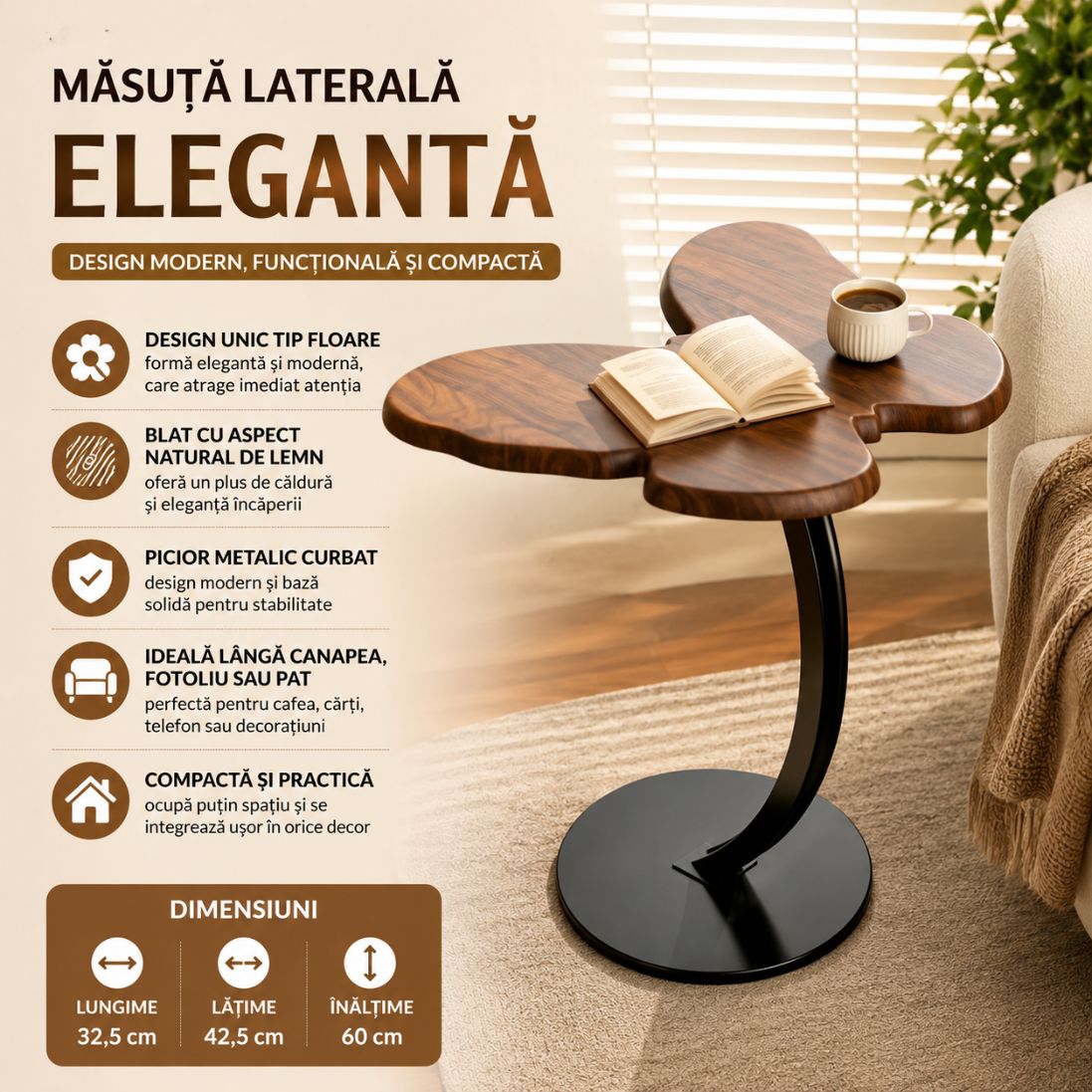 Măsuță Laterală Elegantă în Formă de Fluture – Design Modern cu Cadru Metalic