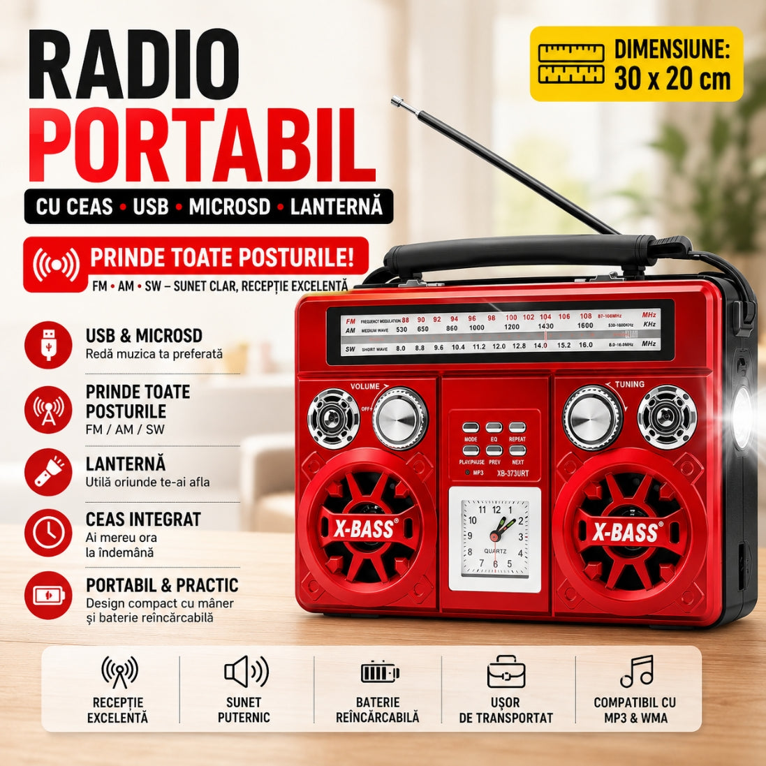 Radio Portabil cu Ceas, USB, MicroSD și Lanternă – FM / AM / SW, Baterie Reîncărcabilă