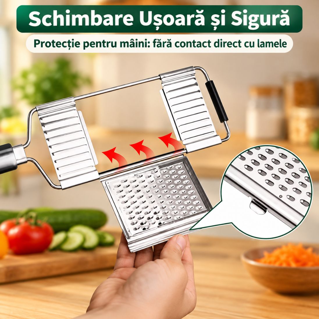 Răzătoare Multifuncțională din Oțel Inoxidabil – 4 Piese de Schimb – 1+1 GRATUITĂ