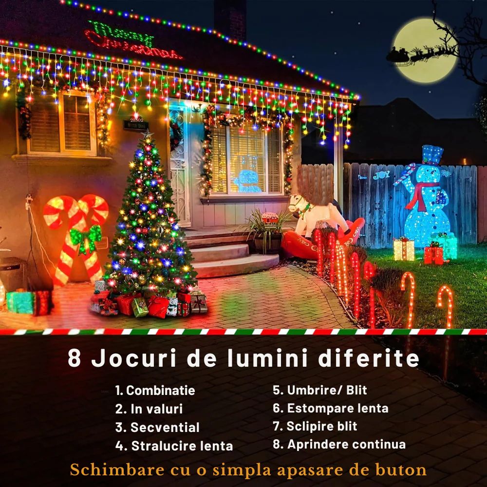 Instalație LED 12M tip franjuri – multicoloră, 300 LED-uri, 8 moduri de iluminare