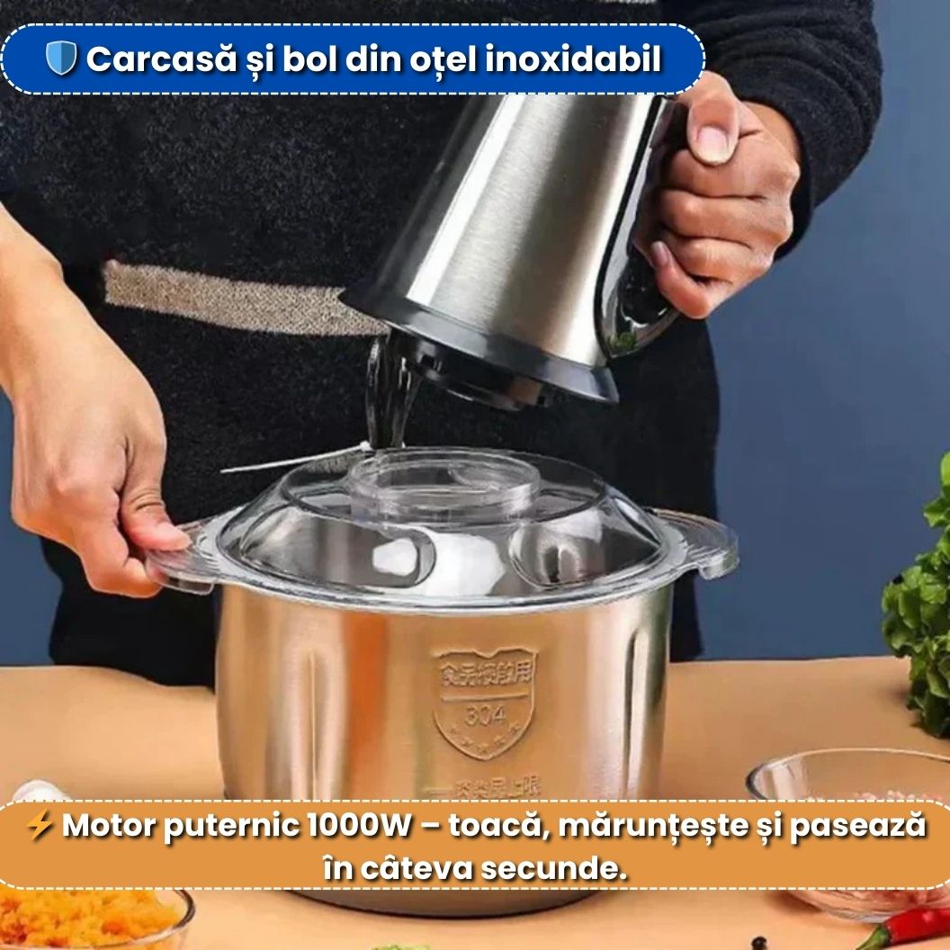 Tocător Profesional 1000W – Bol Inox 3L, 3 Viteze, Ultra Puternic, Lame Oțel Inoxidabil