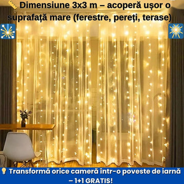 Instalație Tip Perdea LED 3x3m Alb Cald – Telecomandă, 300 LED-uri