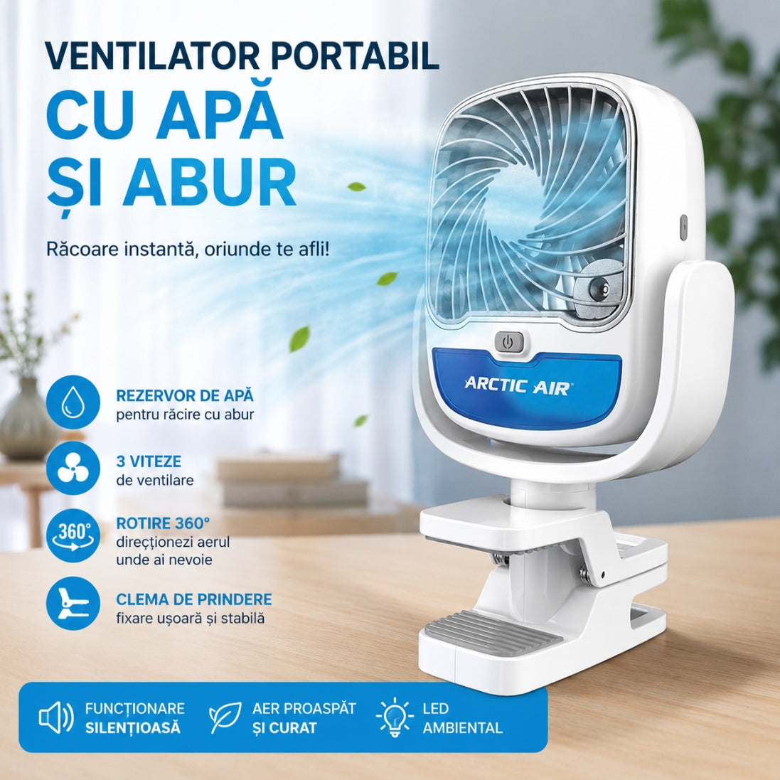 Ventilator Portabil cu Apă și Abur – 3 Viteze, Rotire 360° și Clemă de Prindere